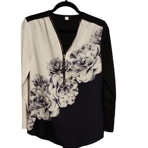 5 for $20 Floral Quarter Zip Tunic Blouse S Black White Minimalist Office Chic